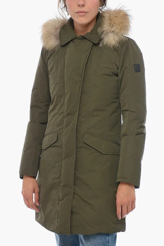 Woolrich Solid Color MODERN Maxi Down Jacket with Real Fur